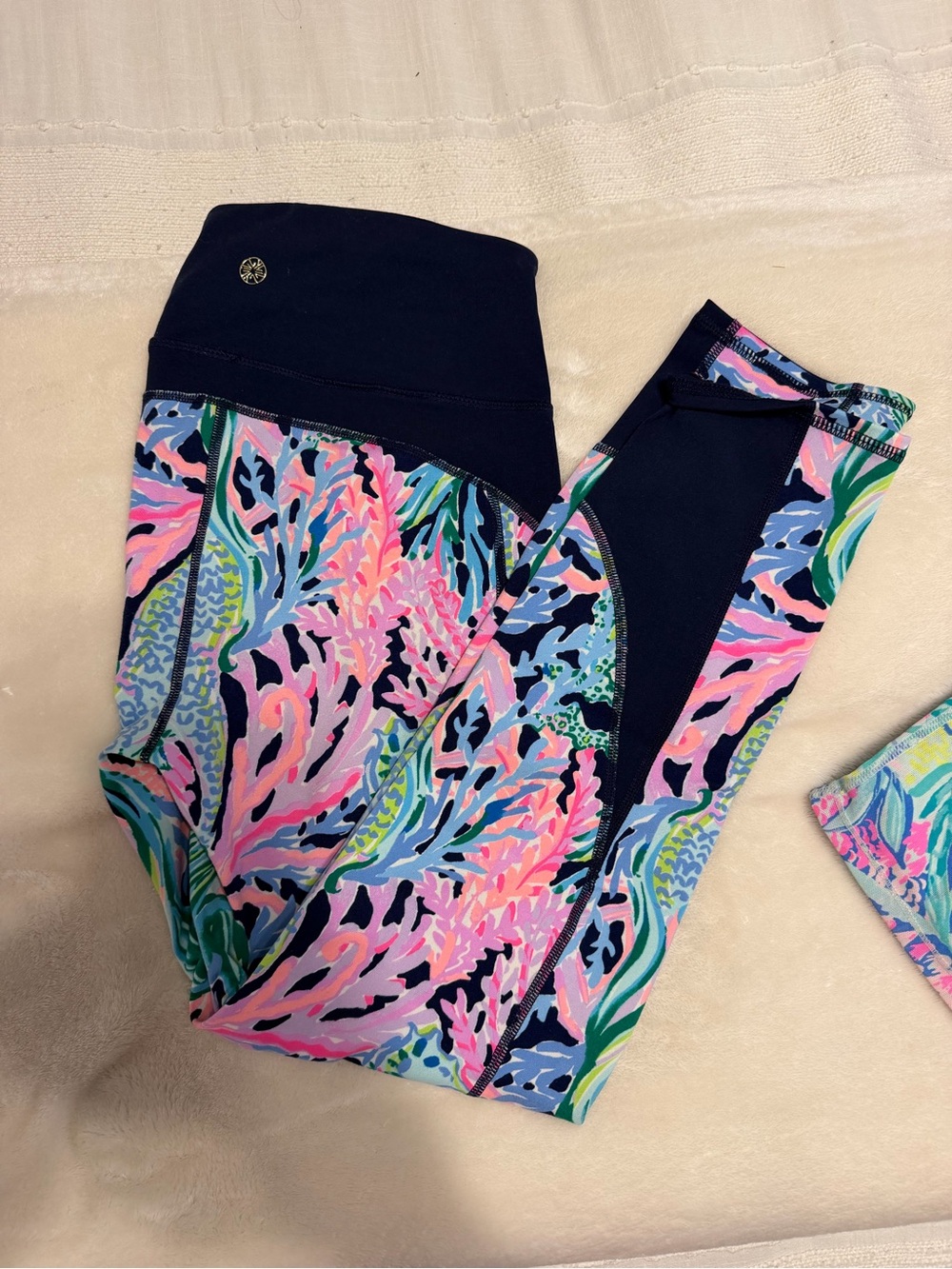 Lilly Pulitzer Navy Leggings with Pink, Blue & Green Coral Print